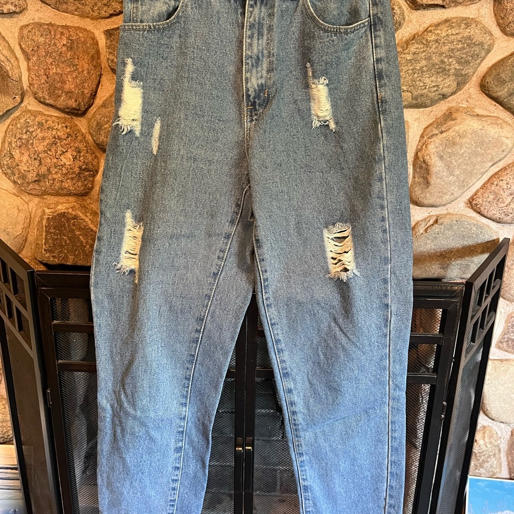 R Stone by SHEIN Blue Distressed Wide Leg Jeans
